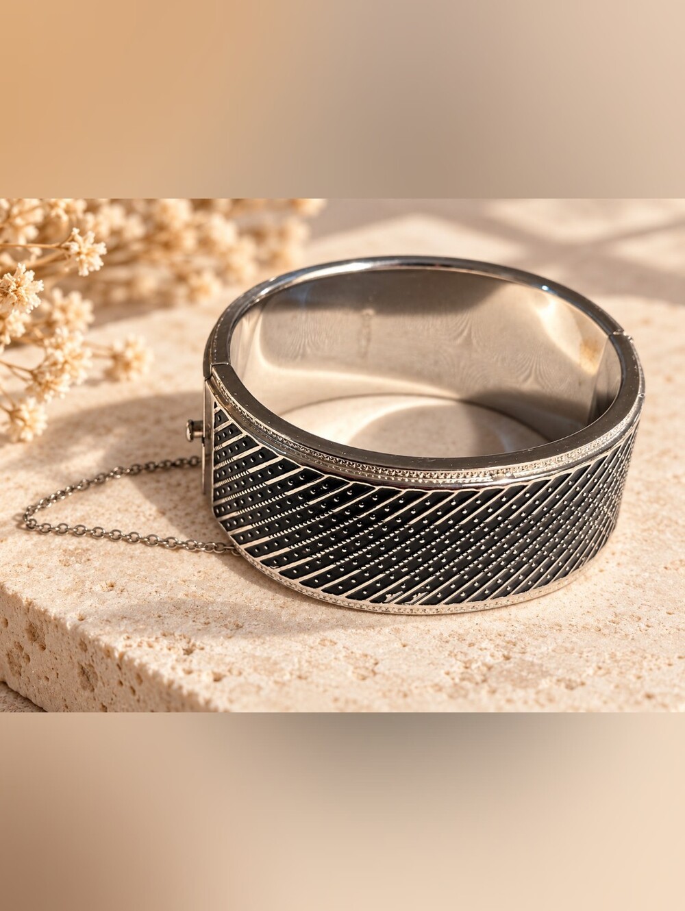 Vintage Signed Whiting & Davis Black Enamel Hinged Cuff Bracelet